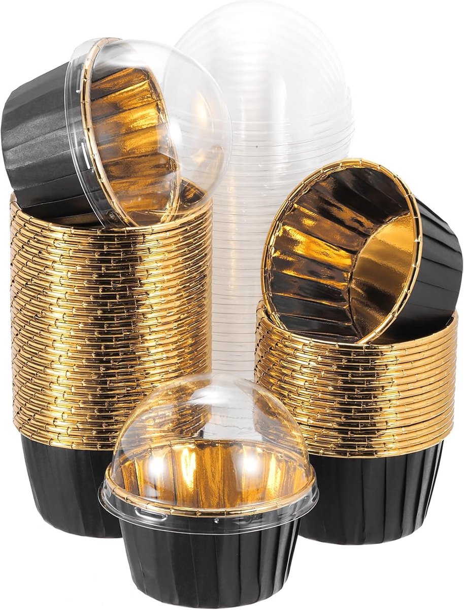 50 stuks eenzijdige aluminiumfolie cupcakevormpjes met deksels, vetbestendige muffinvormpjes voor huwelijks- en verjaardagsfeestdecoratie, zwart (rond)
