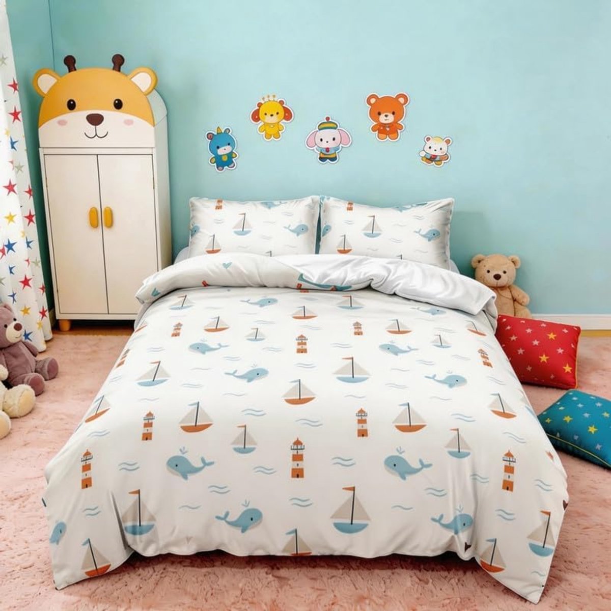 Beddengoed 135 x 200 cm, kinderbeddengoed, walvis, bootdekbedovertrek, zacht beddengoed met schattig diermotief, beddengoedsets eenpersoonsbed, ademend met ritssluiting en 1 kussensloop 80 x 80