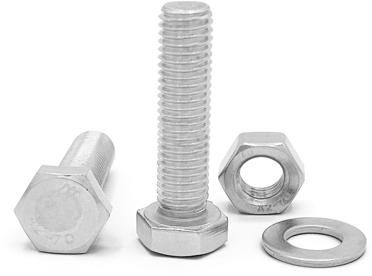 M10 x 40 mm, roestvrij staal AISI 304 (A2), inclusief 10 schroeven met 10 moeren en 10 sluitringen (30 stuks), schroeven met volledige schroefdraad