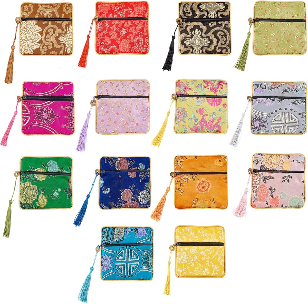 14 stuks sieraden zijde zakjes, 14 kleuren Chinese zijde brokaat portemonnee cadeau zakjes geschenktassen Geborduurde tas Geborduurde tassen voor munten sieradenopslag, 11,5x11,5 cm
