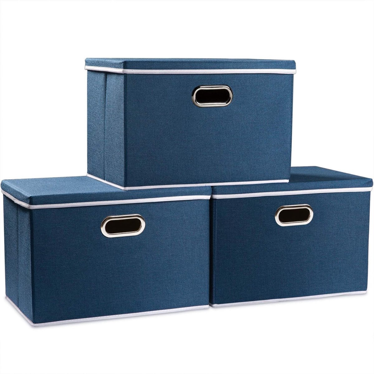 Grote opbergdozen met deksel,opbergdoos opvouwbare decoratieve,linnen stof organizer containers mand kubus met handgrepen,Blauw [3 stuks]43x30x30cm