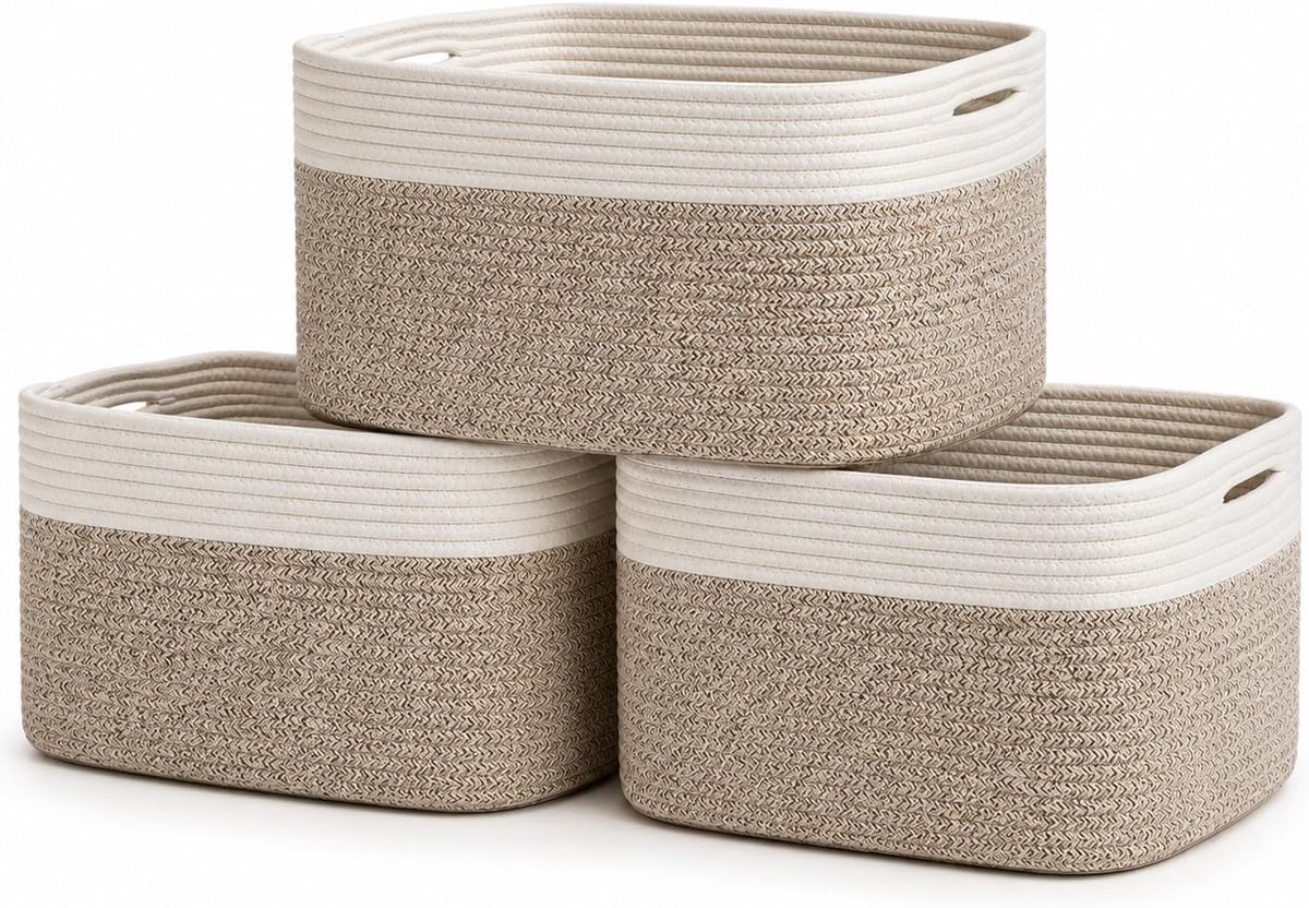 3 bruine touwmanden - Opbergdozen voor kleding/speelgoed