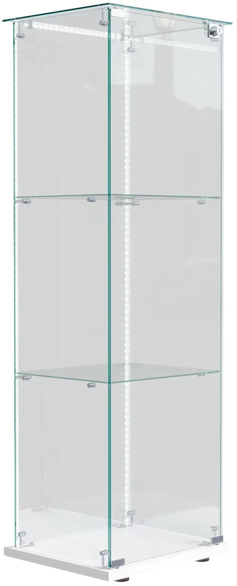 Glazen Vitrinekast Wit – Afsluitbare Displaykast met 1 Deur, LED Verlichting, Slot en 3 Planken