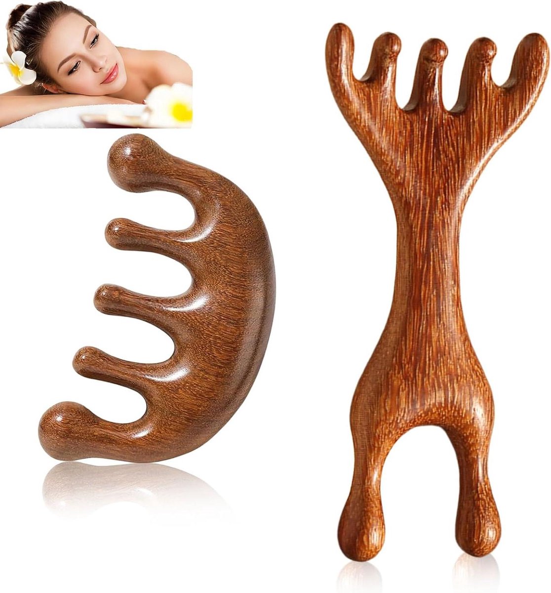 Gua Sha Kam - Houten Massagekam - Hoofdhuid Ontspanning - Dubbelzijdig Ontwerp - 2 Stuks - Houtkleur