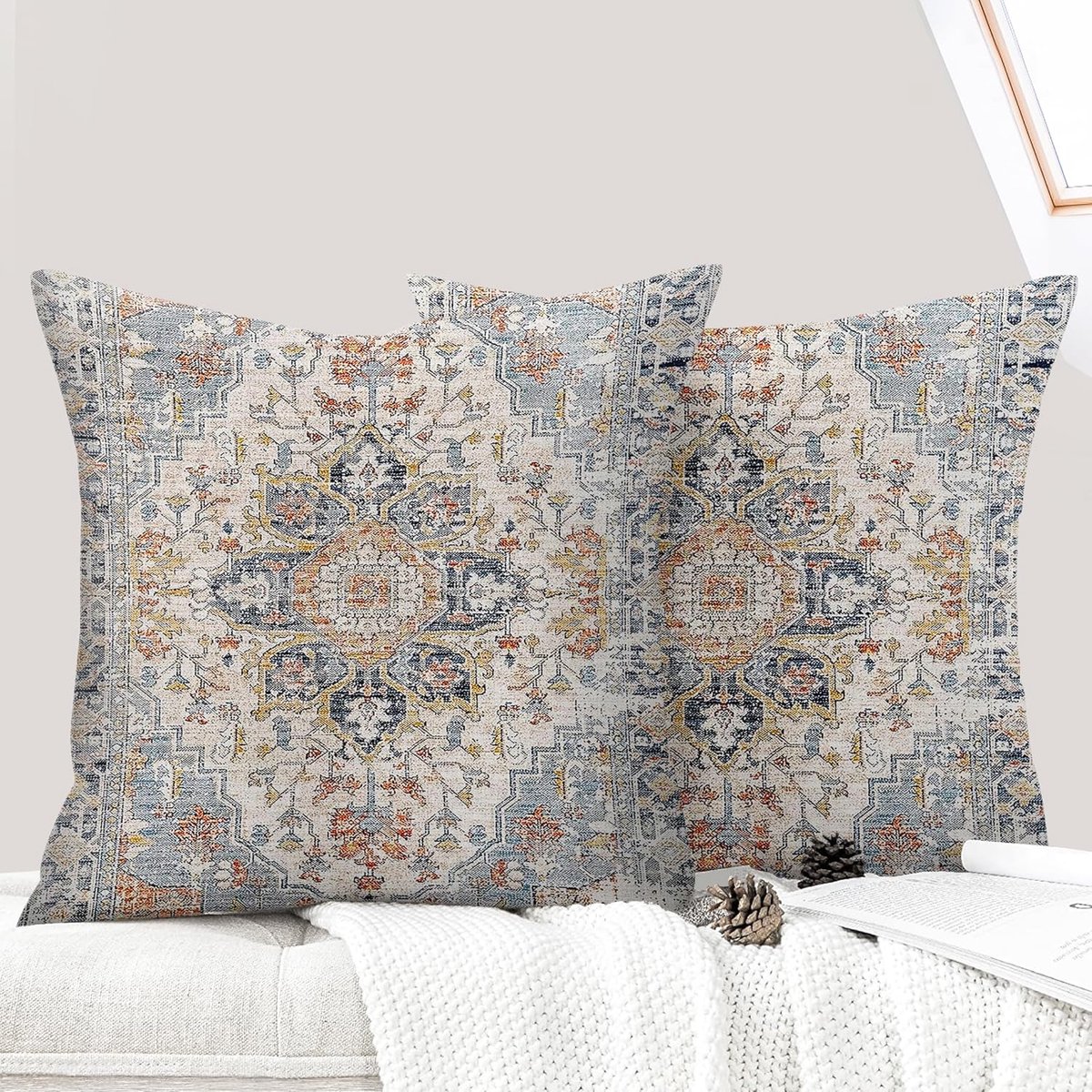 SnelShoppen - Set van 2 Boho Kussenslopen 40 x 40 cm - Decoratieve Kussenhoezen in Vintage Boho-Stijl - Blauwgrijs voor Woonkamer, Slaapkamer, Bank -