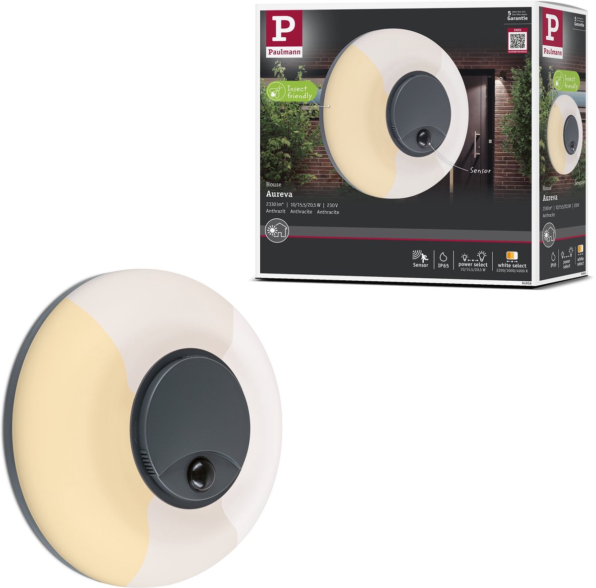 LED-wandarmatuur voor buiten Aureva incl. bewegingsmelder IP65 rond 220 mm 2200 - 4000K 20,5W 1630lm 230V Antraciet, Wit Polycarbonaat