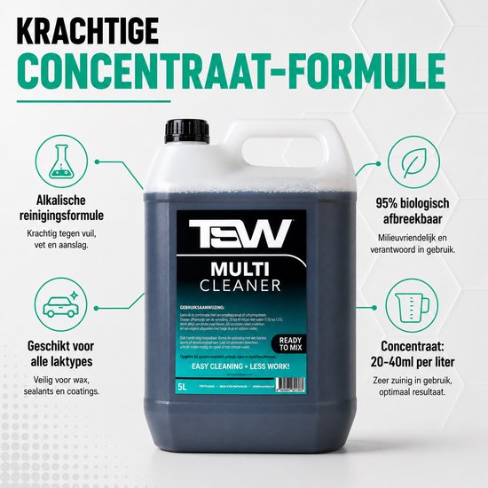 Een 5L jerrycan TSW Multi Cleaner, met iconen die de alkalische reinigingsformule en milieuvriendelijkheid aangeven.