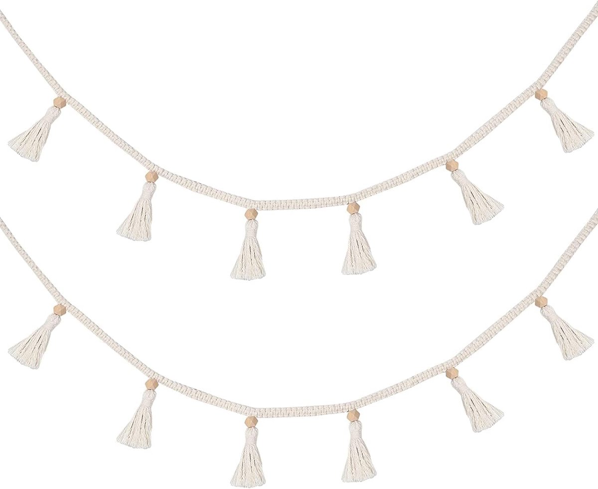 onregelmatig gevormde 2 Pack Macrame Kwastje Garland met Kralen - Beige, Decoratieve Muur Opknoping voor Slaapkamer Nursery Kinderkamer