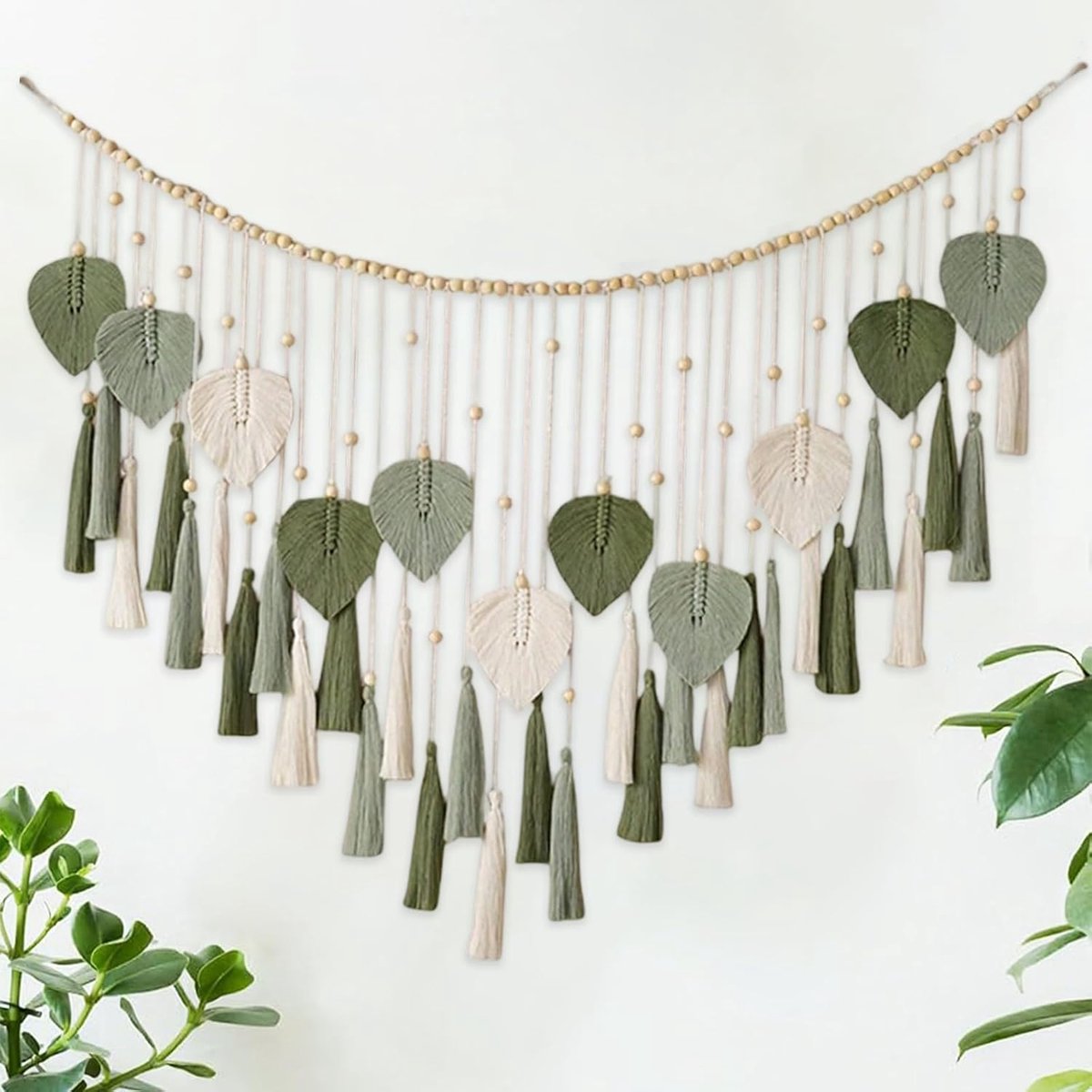 macramé, wandtapijt, handgemaakt, kwastjes, boho-wandtapijt, met houten kralen, beige, groene bladeren, boho, wanddecoratie voor slaapkamer, woonkamer en kinderkamer (125 x 75 cm)