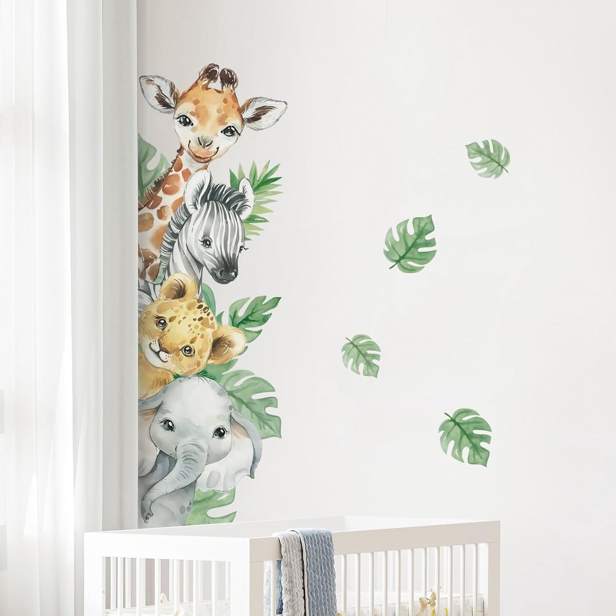 Jungle Animal Wall Stickers Cartoon Animal Wall Decals Giraffe Zebra Elephant Green Leaves Wall Art Sticker for Kids Baby Nursery Bedroom Playroom Kindergarten Wall Decor