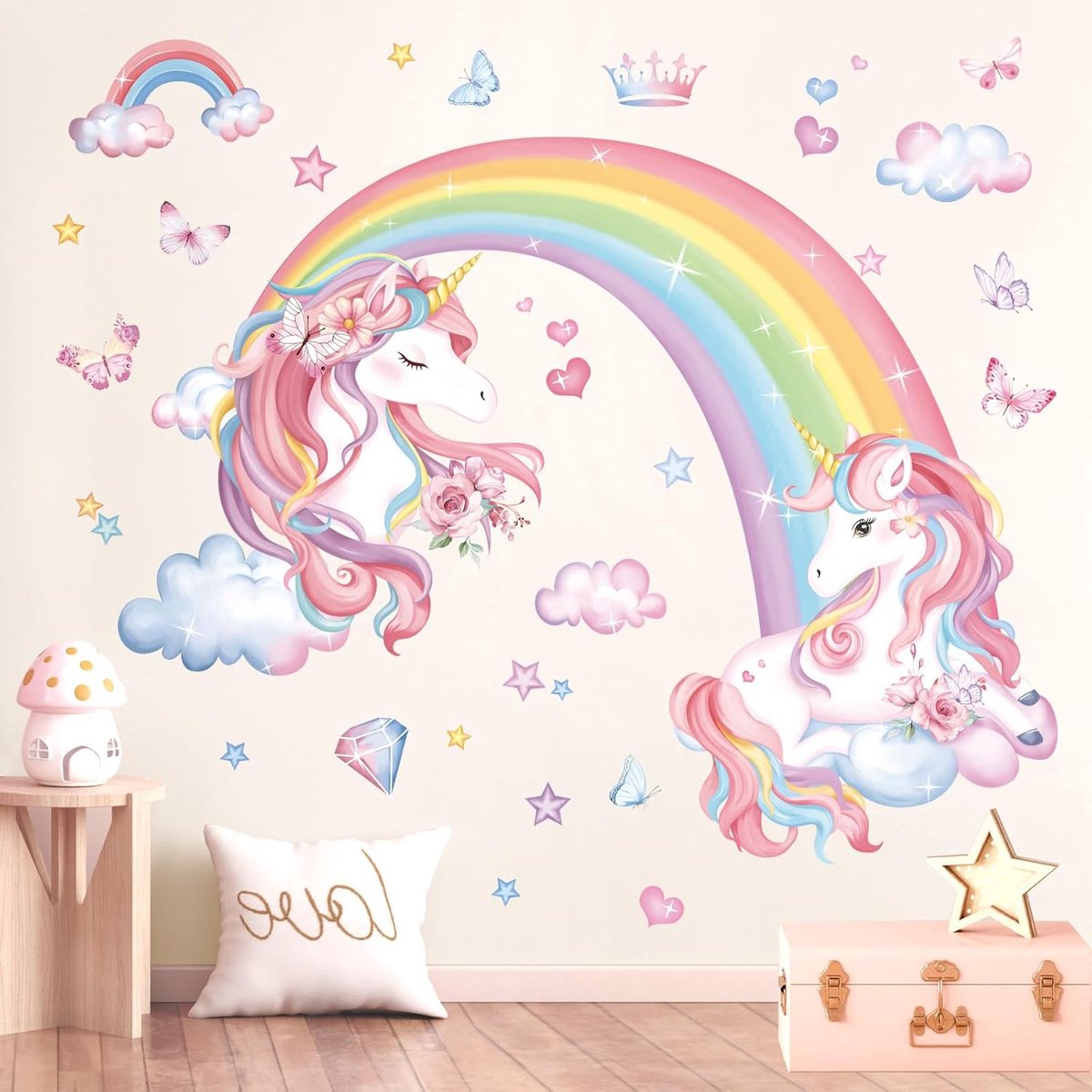 Muurstickers Regenboog Vlinders Wolken Eenhoorn Muurstickers Kinderkamer Meisjes Kinderen Slaapkamer Kinderdagverblijf Muur Decor