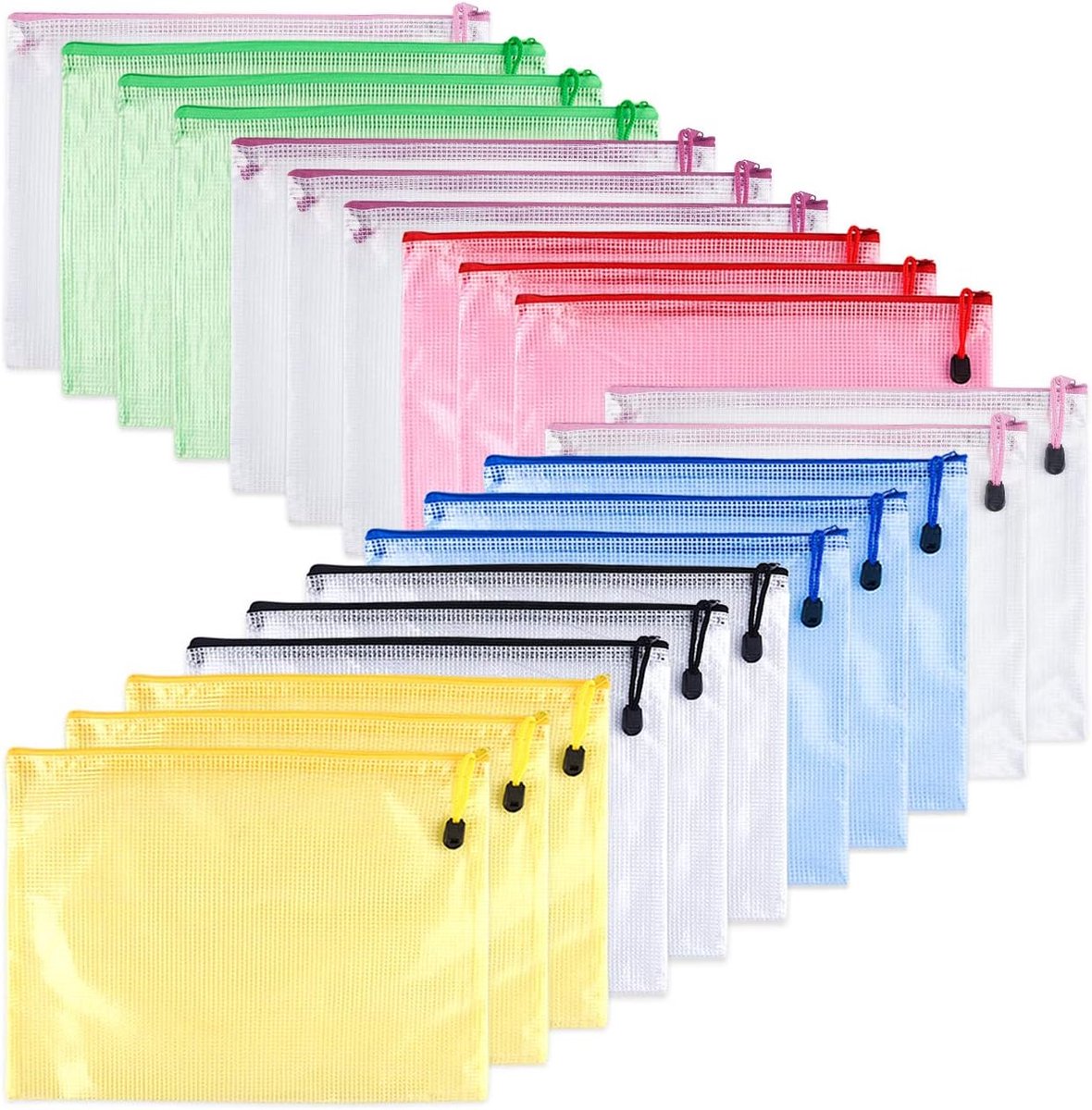 A5 Zipp Bestandsmap PVC Ziplock Tas Mesh Documenttassen voor School Kantoor Cosmetica Ontvangstbewijzen Opslag Huiswerkopslag, 21 Stuks
