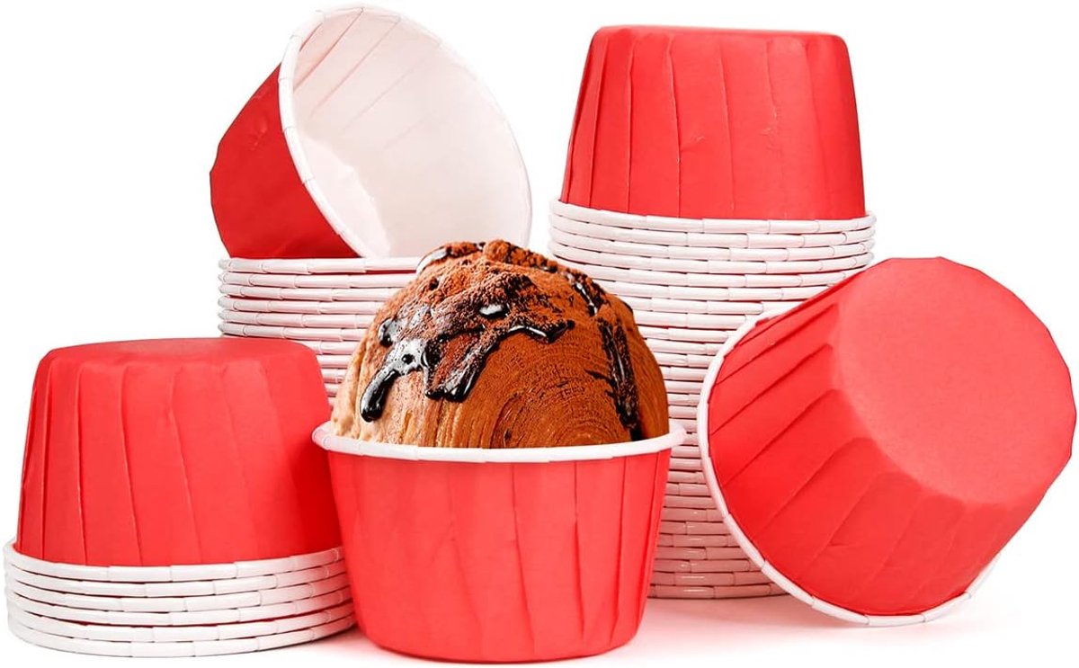 50 stuks papieren cupcakevormpjes, kleine muffinvoeringen voor bakken, wegwerpbare cupcake-bakbekers voor bruiloften, Kerstmis, verjaardag (rood)