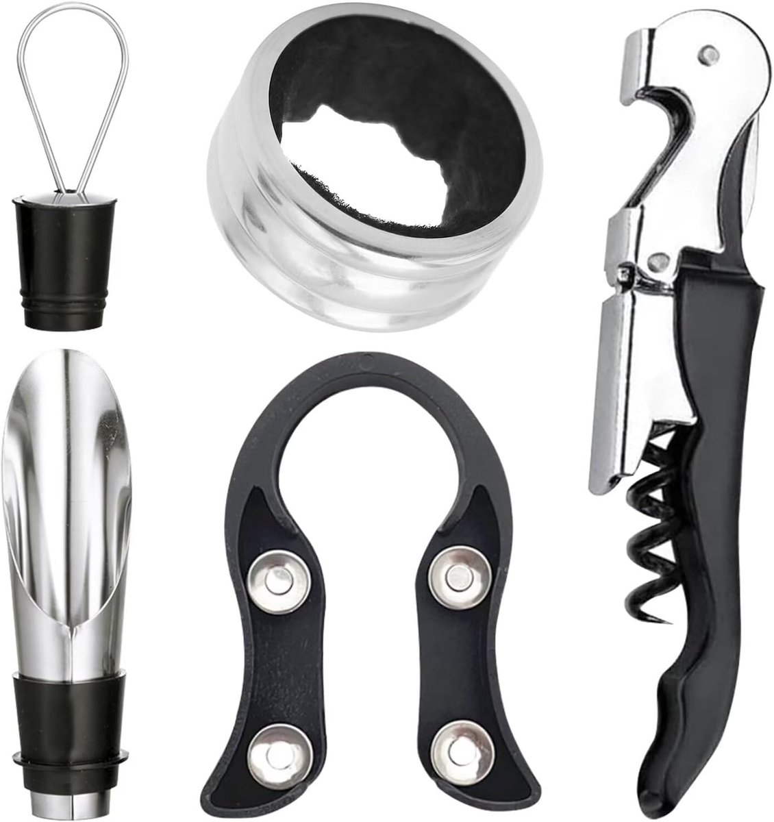 kurkentrekker, handmatige wijnopenerset, 5 stuks wijnopener, accessoires met wijnopener, druppelring, foliesnijder, wijnschenker en stoppen voor wijnliefhebbers, kelners, zwart