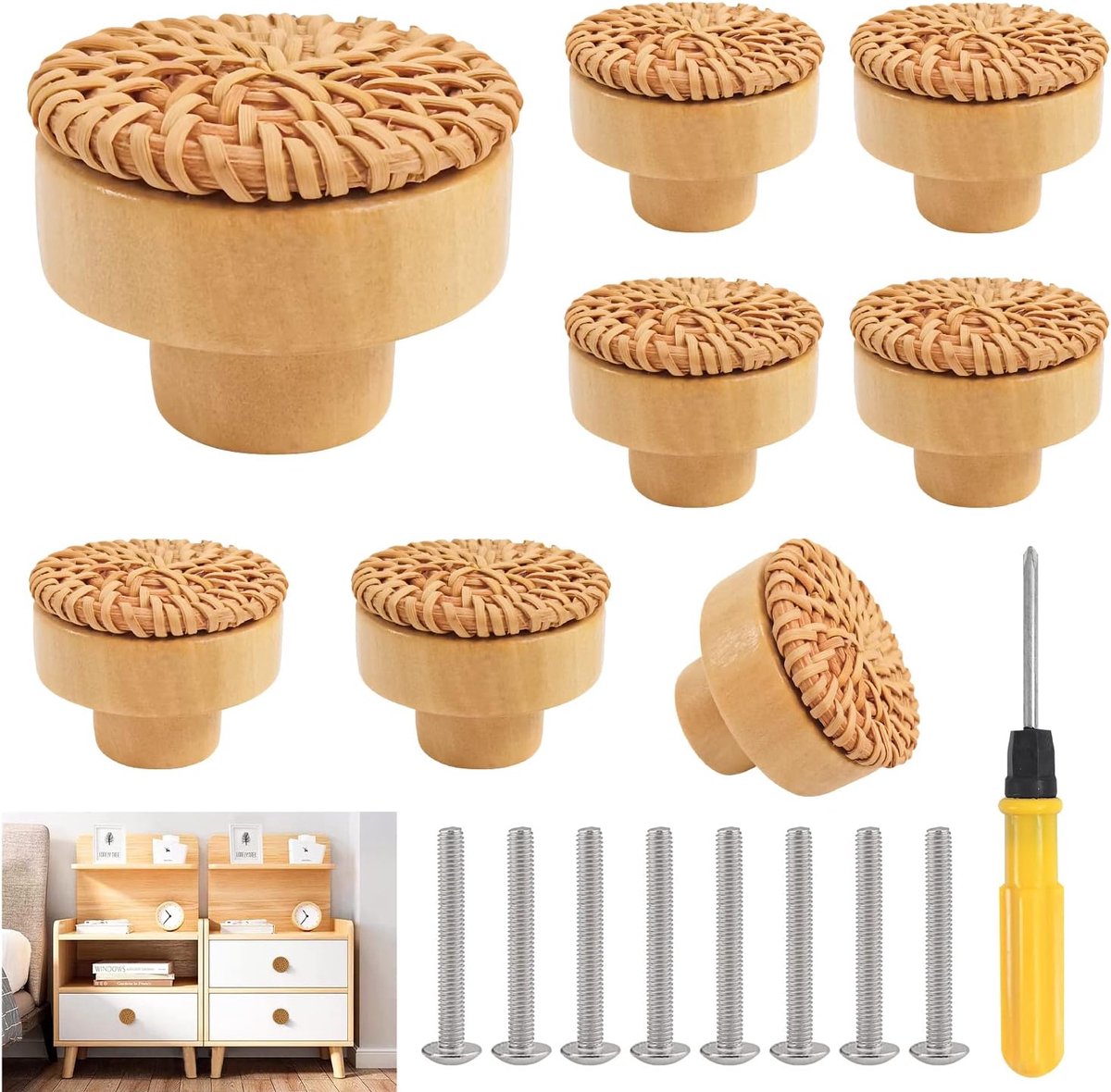 8 stuks rotan meubelknoppen, kastknoppen voor boho decoratieve kasten, houten commodeknoppen, ladeknoppen voor vintage ladekast, houten handgrepen voor keukenkasten, deurknoppen