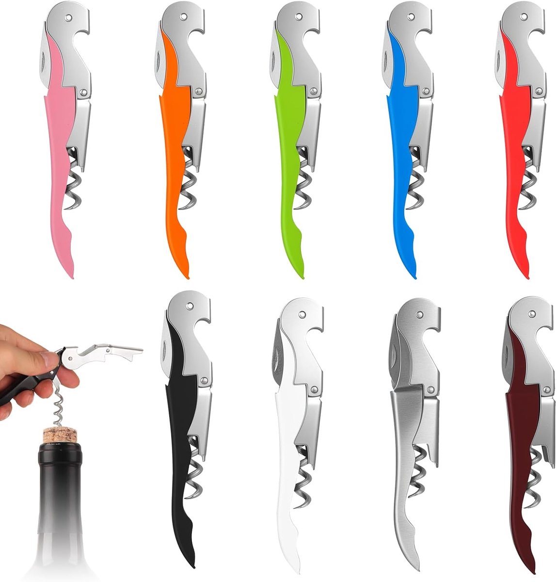 Kelnermessen, 3-in-1 wijnopener, flessenopener, bieropener, kurkentrekker, roestvrij staal, kelnermes, professionele foliesnijset voor sommeliers, kelners, barkeepers, 10 stuks