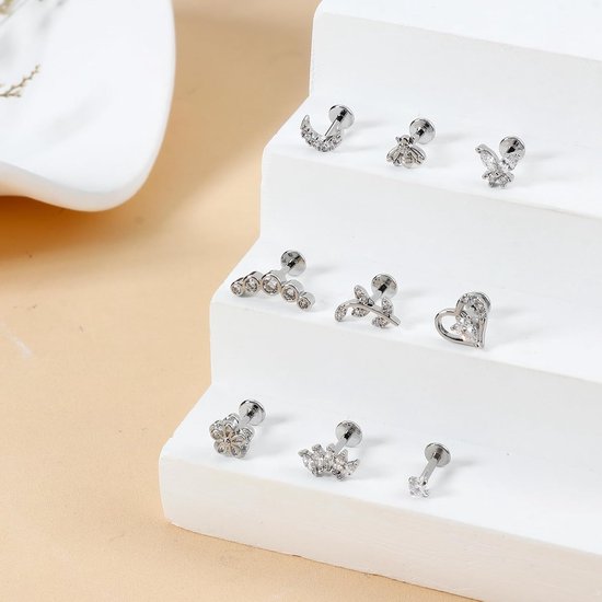 Piercings, 9 stuks, 16G helix piercings, tragus, kraakbeen, oorbellen voor dames, oorknopjes, set, tragus helix conch oorbellen, labret, zirkonia, oorbellen, vlinder, maan, goud, zilver, oor, — afbeelding 3