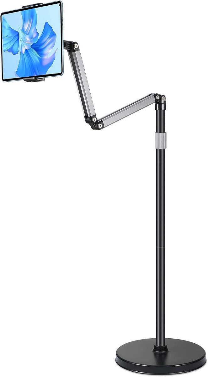 Tablet-vloerstandaard met zware basis - Verstelbare gansnek zwenkmontage Universele Compatibiliteit voor 4,7–13" Apparaten‌ | Zware basis stabiel, 360° draaibaar, universeel voor tablet, mobiele telefoon en e-reader