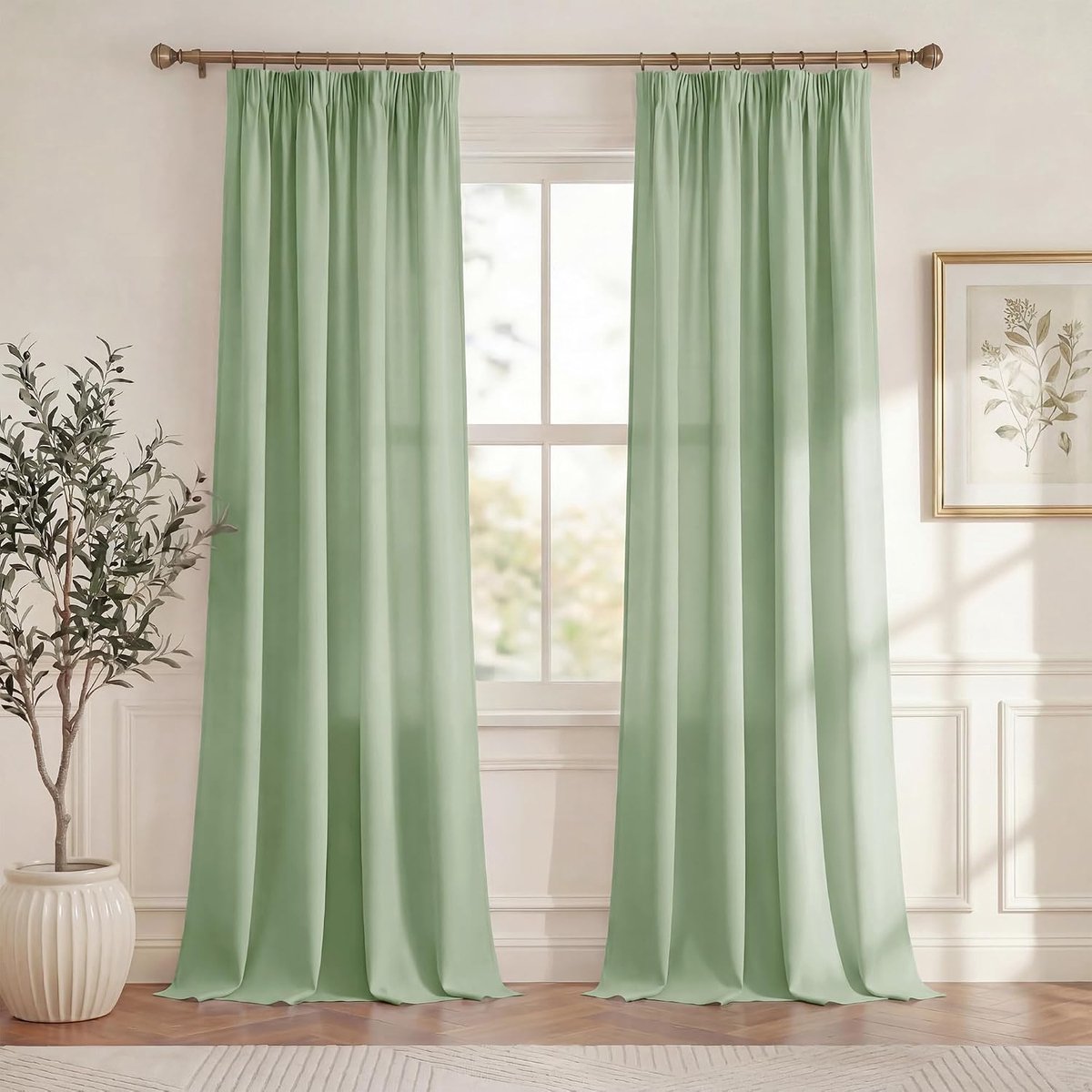 Moderne woonkamergordijnen, 2 stuks met lint, semi-transparante gordijnen voor woonkamer en slaapkamer, interieurdecoratie B 140 x H 240 cm, groen/grijs