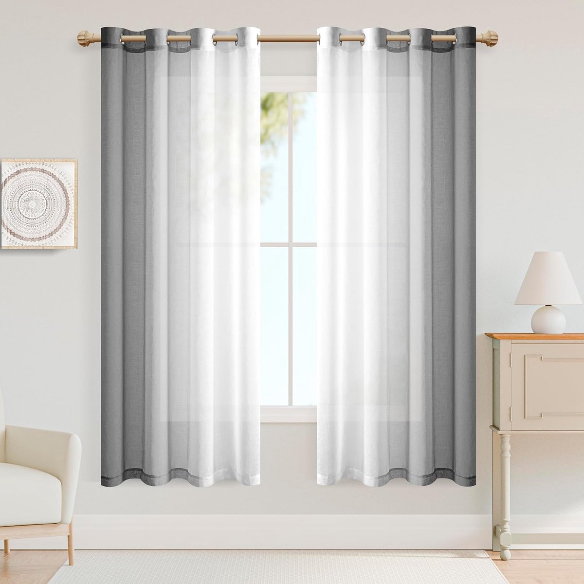 Gordijnen met oogjes, transparante vitrage, kleurverloop, voile gordijnen, ombre gordijn voor slaapkamer en woonkamer, 160 cm x 140 cm (h x b), grijs