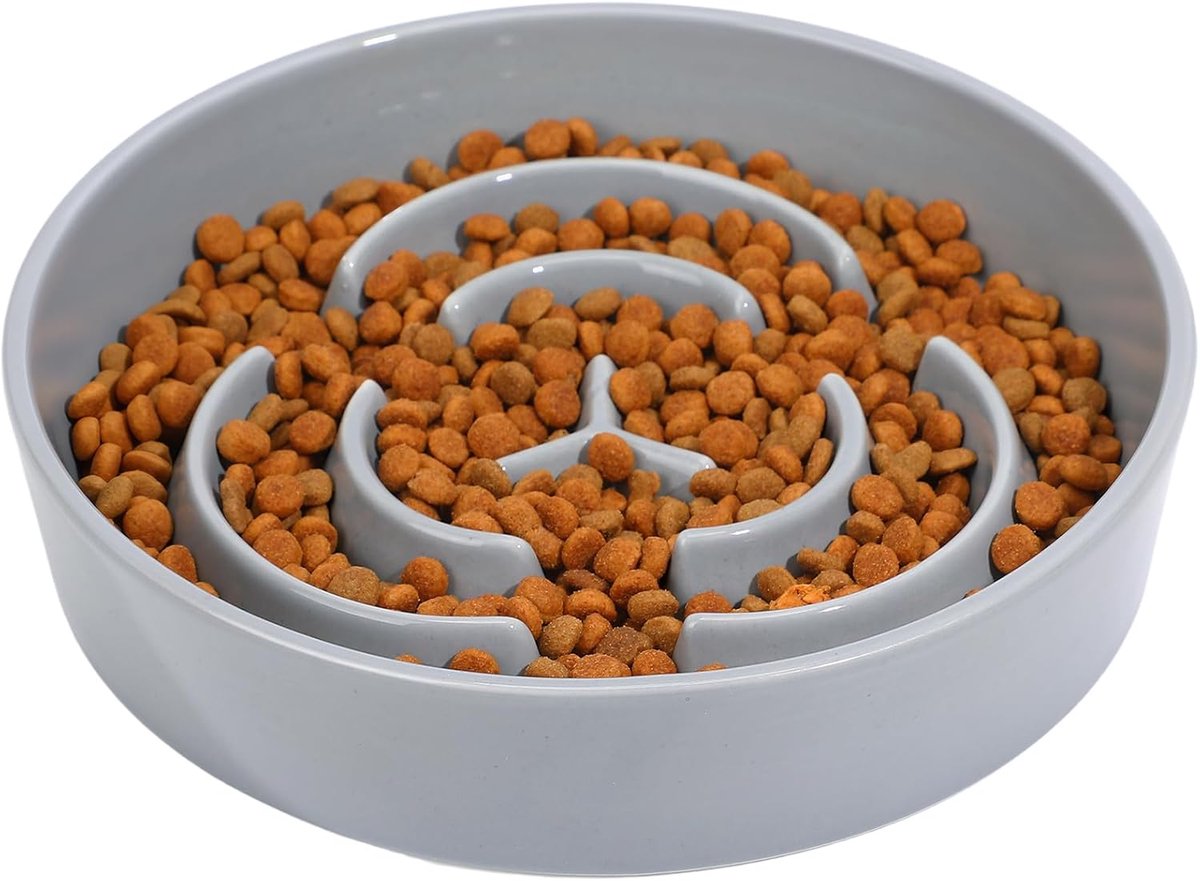 voerbak voor honden, keramiek (1000 ml, diameter 20,5 cm), kom voor grote en middelgrote honden, om langzaam te eten, grijs