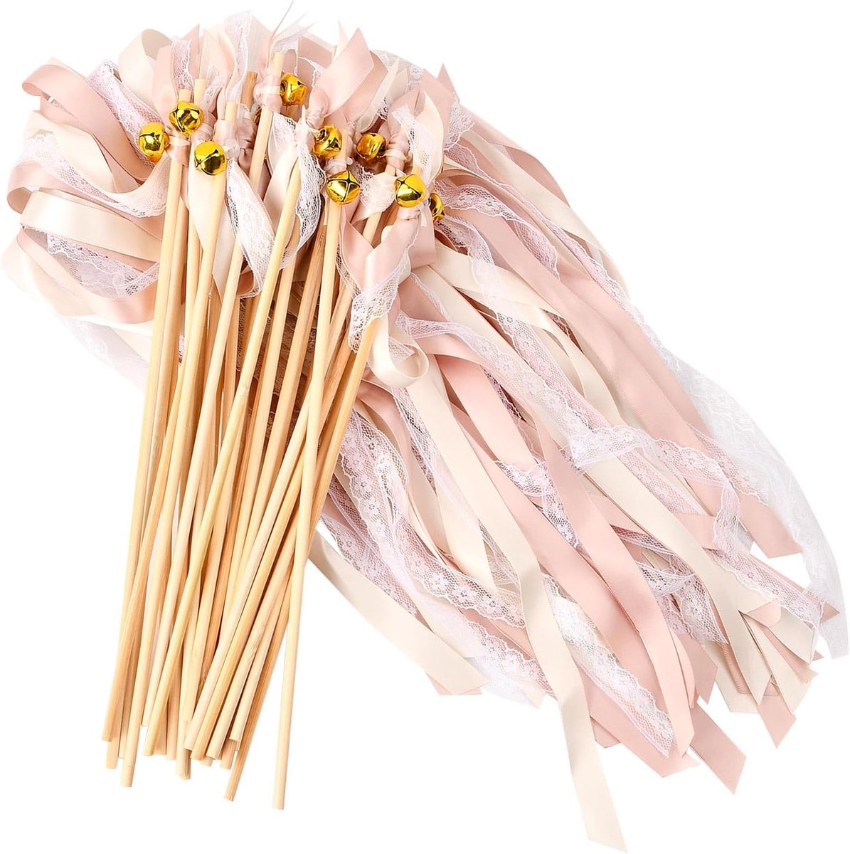 30 stuks bruiloft lint stok, kanten toverstaf verjaardag slingers voor feestdecoraties, chromatische fee lint sticks met klokken voor kerstbenodigdheden (champagnelint + kant)