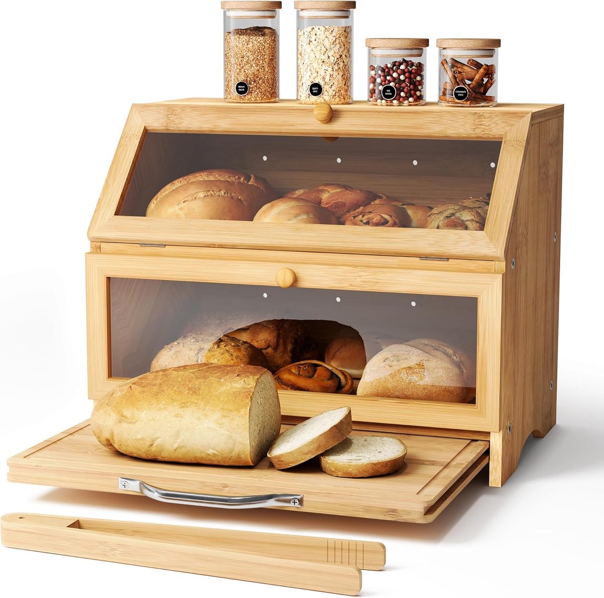 Baboo Broodbak, 2-laags grote brooddoos, keukenopbergdoos met snijplank en broodtang, voedselcontainer met doorzichtig venster, gedeeltelijk voorgeïnstalleerd, 39 x 25 x 32 cm, natuurlijk