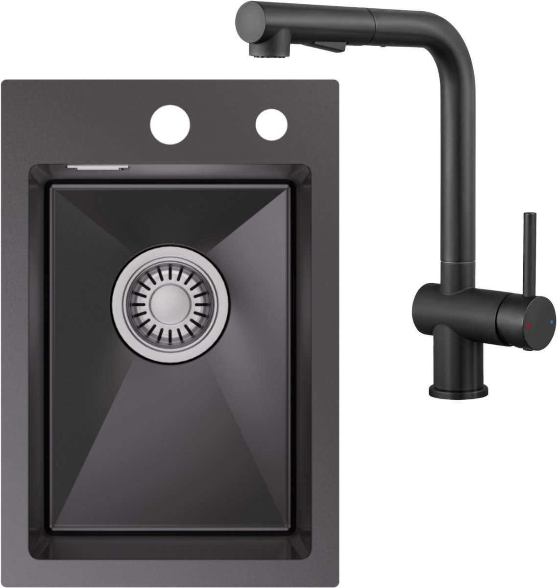 CECIPA max 10PCS x Spoelbak Met Kraangat - 30x45 cm Spoelbak Keuken Met Uittrekbare Keukenkraan - Enkele spoelbak - Spoelbakken met afdruip - Spoelbakken Keuken - Antraciet