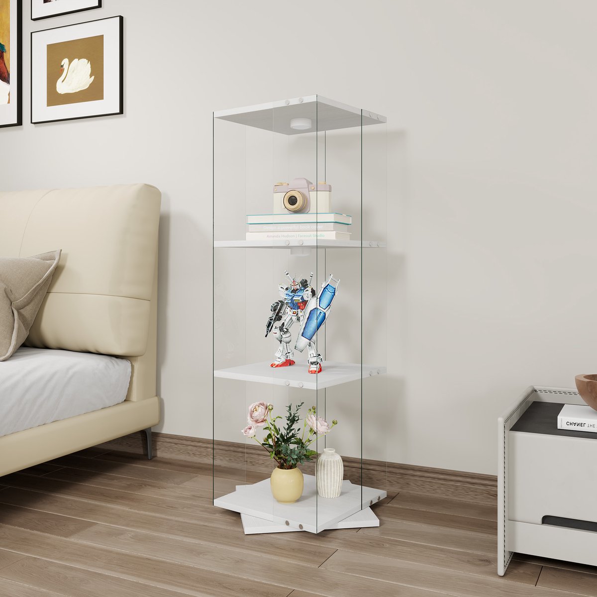 Vitrinekast wit 121cm met RGB LED, 360° draaibaar en 3 acryl planken