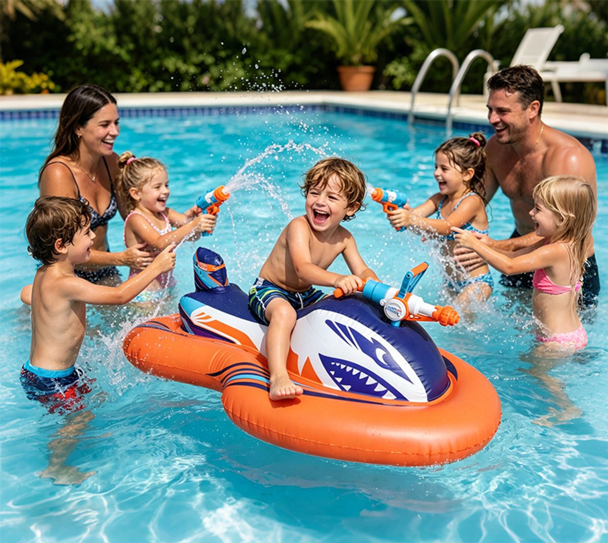 Opblaasbare jetski-zwemband voor kinderen met ingebouwd waterpistool – opblaasbaar waterspeelgoed om op te zitten voor zwembad, strand of meer – ideaal voor zomerse waterfeestjes – geschikt voor jongens en meisjes van 3 tot 10 jaar. – foto 5