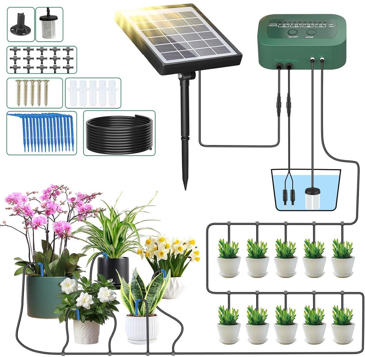Automatische irrigatieset met timer, automatisch druppelirrigatiesysteem met 15 m slang voor tuin, potten, balkon, gazon