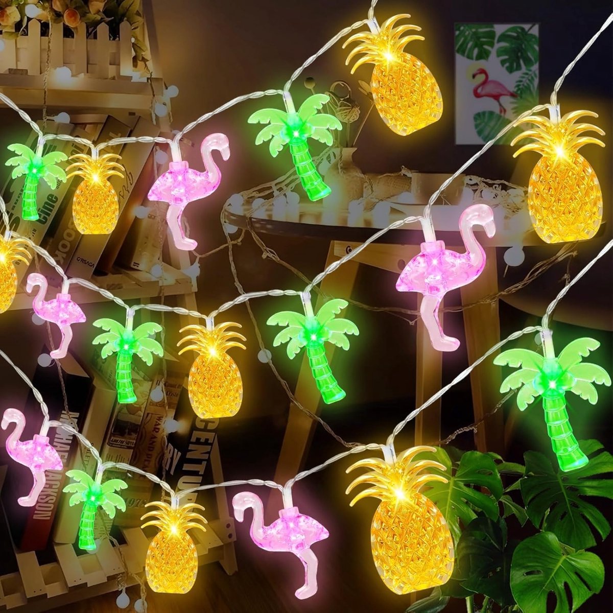 Hawaï-lichtsnoer voor de zomer, 20 leds, 3 meter, tropische feeënlichten met ananas, flamingo, palmenpatroon, voor binnen en buiten, Hawaïparty, zomerfeest, stranddecoratie