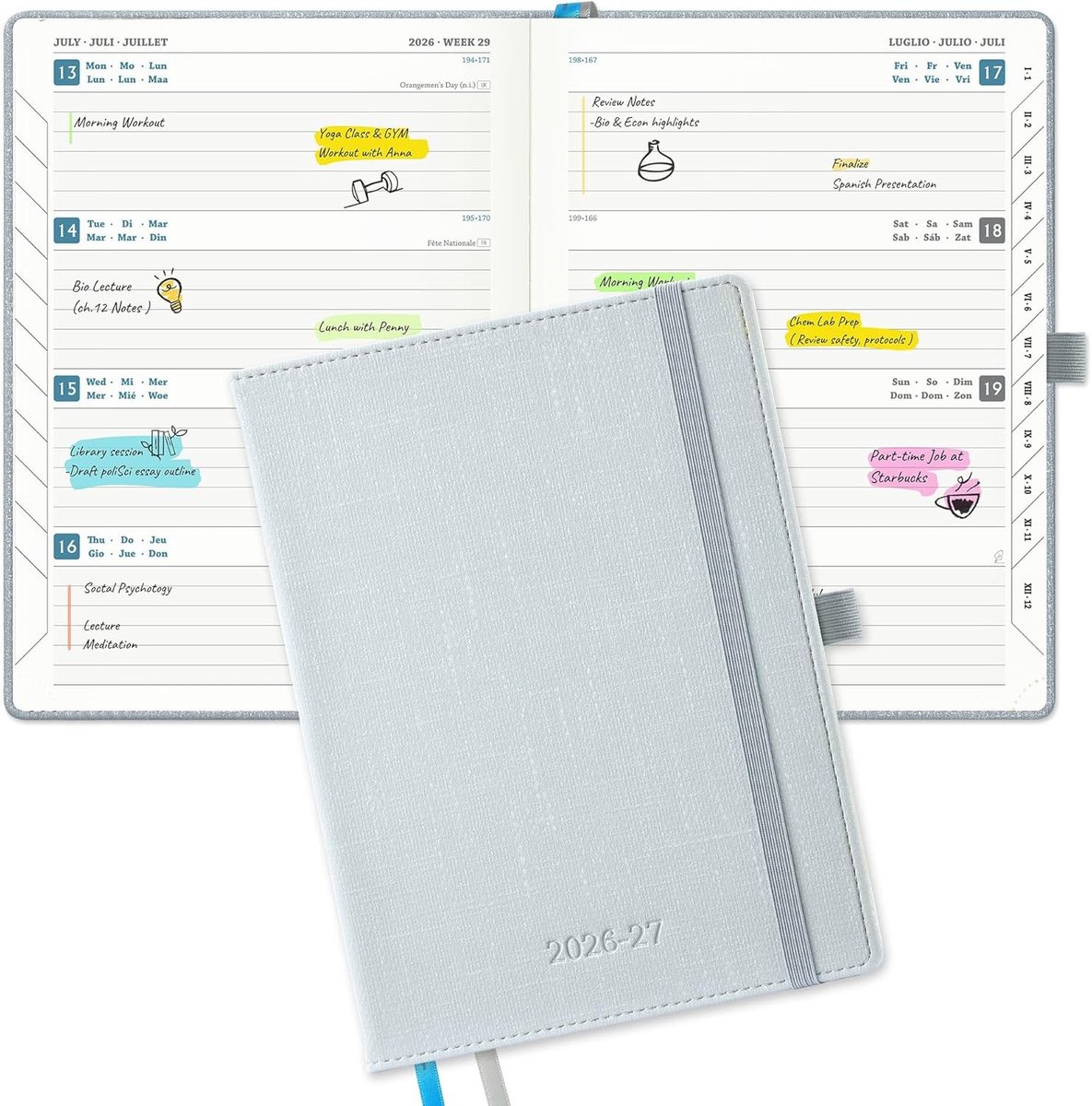 2026 2027: Weekagenda A5 Boekagenda(21,9x16,2cm) Schoolagenda 18 Maanden Horizontale Weekplanner van Jul.2026 tot Dec.2027, 80 Grams Papier, Luxe Geklede PU-Leren Kaft, Lichtijsblauw