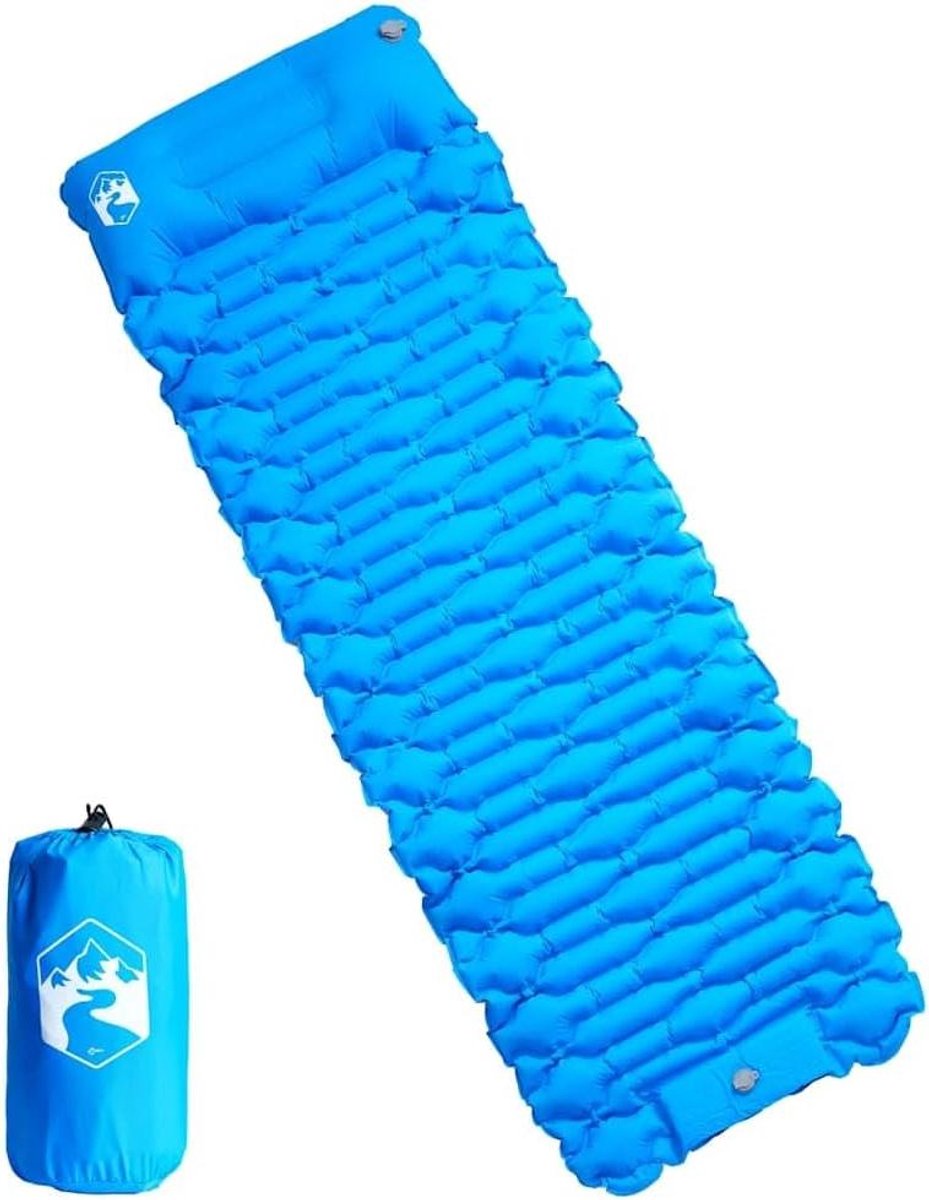 Campingmatras met kussen - Slaapmat luchtbed - Outdoor slapen - Geïntegreerde voetpomp - 193 x 66 cm - Blauw