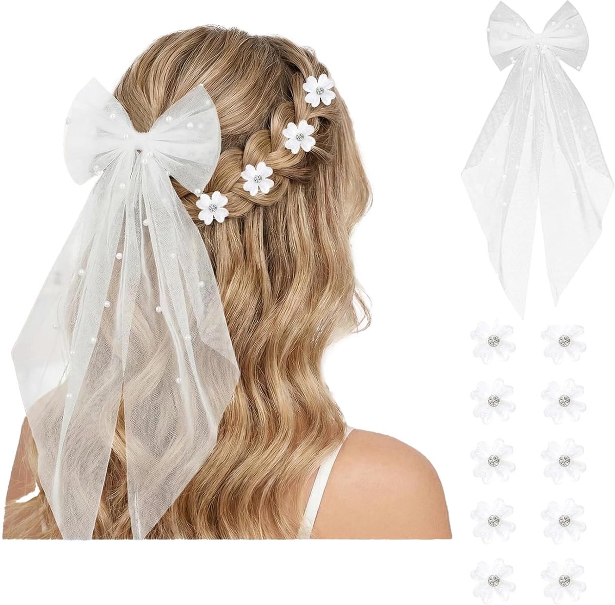 Bruidssluier Wit met Parels & Strik & Ge茂ntegreerde Haarsklaar, 10 Strass Bloemen Haarklampjes, Elegante Haarversiering voor Vrijgezellenfeest, Bruiloft, Bruidsfeest Dames Meisjes