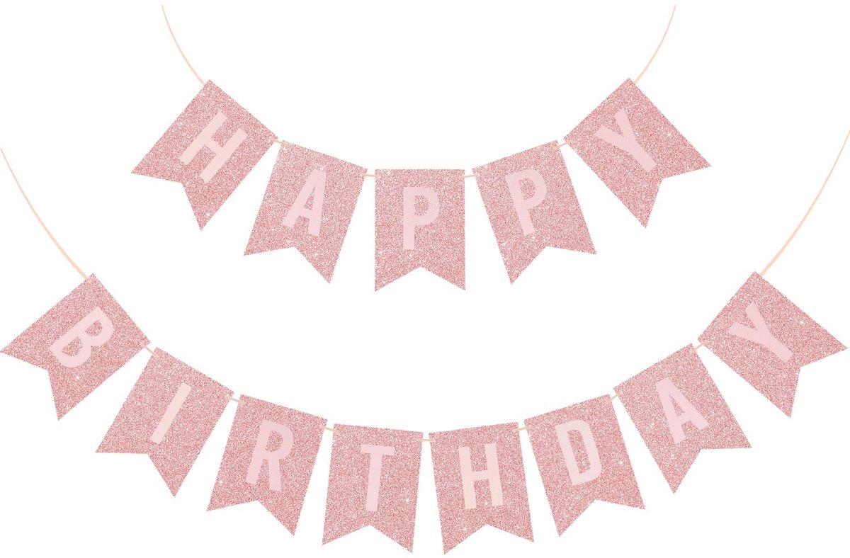 Happy Birthday-banner, roze Happy Birthday-vlag met glitter, Happy Birthday-bord, verjaardagsdecoraties voor meisjes, babyfeestbenodigdheden, wanddecoratie, deurslinger