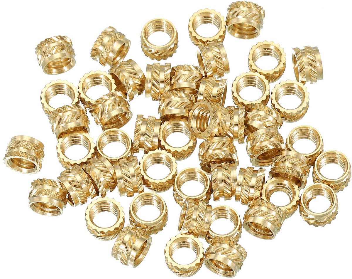 Draadinzetstukken M6 x 5 x 8 mm, 50 stuks messing verwarmingsinzetstukken, vrouwelijke draadinzetstukken, metrische kartelmoer, inbedingsmoer voor kunststof en 3D-printcomponenten, goud