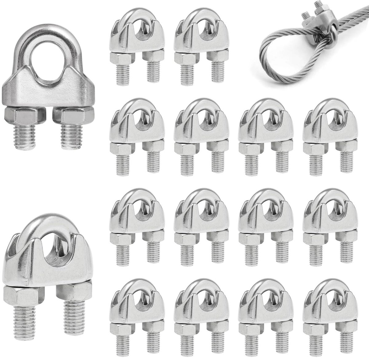 Draadkabelklem 6 mm, 16 Stuks M6 Kabelklemmen Roestvrij Staal 304 Beugelklem U-bout Staalkabel Klem Connector voor Draadkabel Ø 6 mm Waslijn