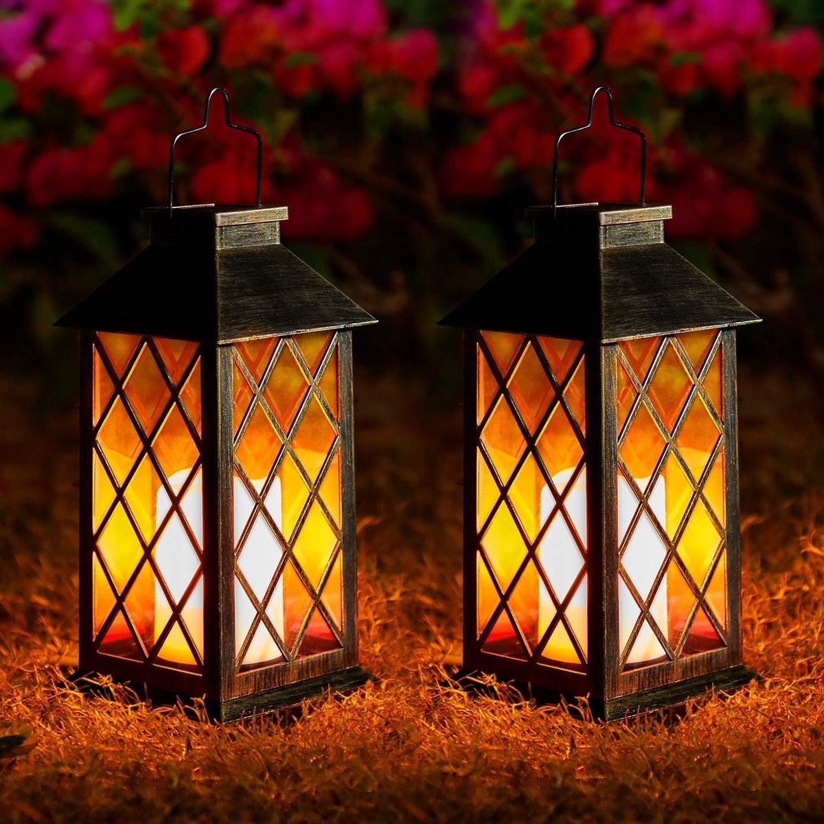 Zonnelantaarns voor buiten, 2 stuks buitenlantaarns voor in de tuin, flikkerende Marokkaanse stijl zonnelantaarns voor buiten, automatisch aan/uit, IP44 waterdichte warmwitte led voor terras, pad
