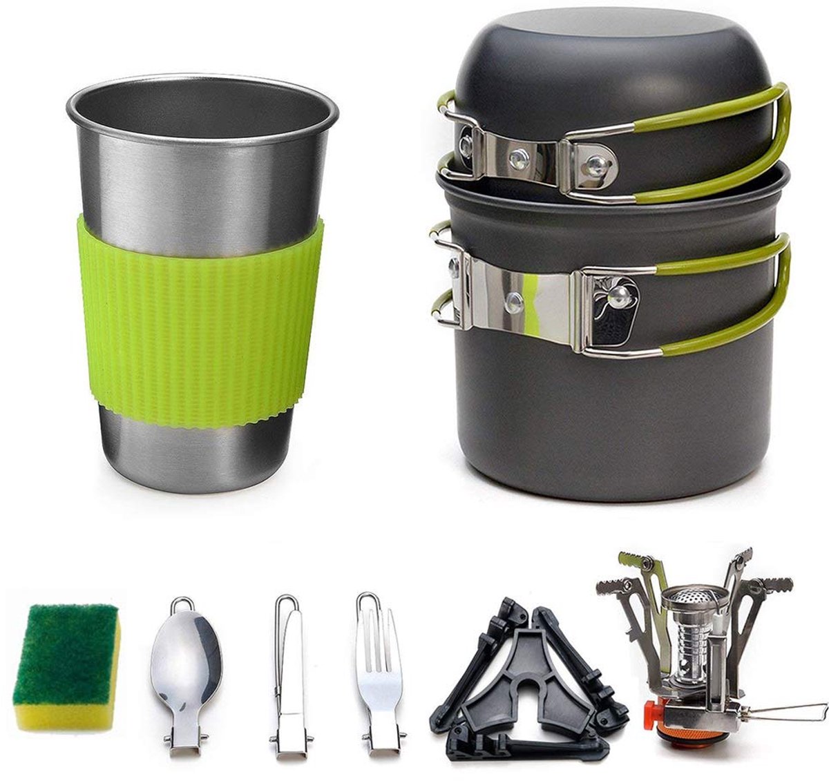 Camping kookgereiset, campingpan met fornuis, picknick, wandelen, gebruiksvoorwerp, gearchiveerd, picknick, kookgerei
