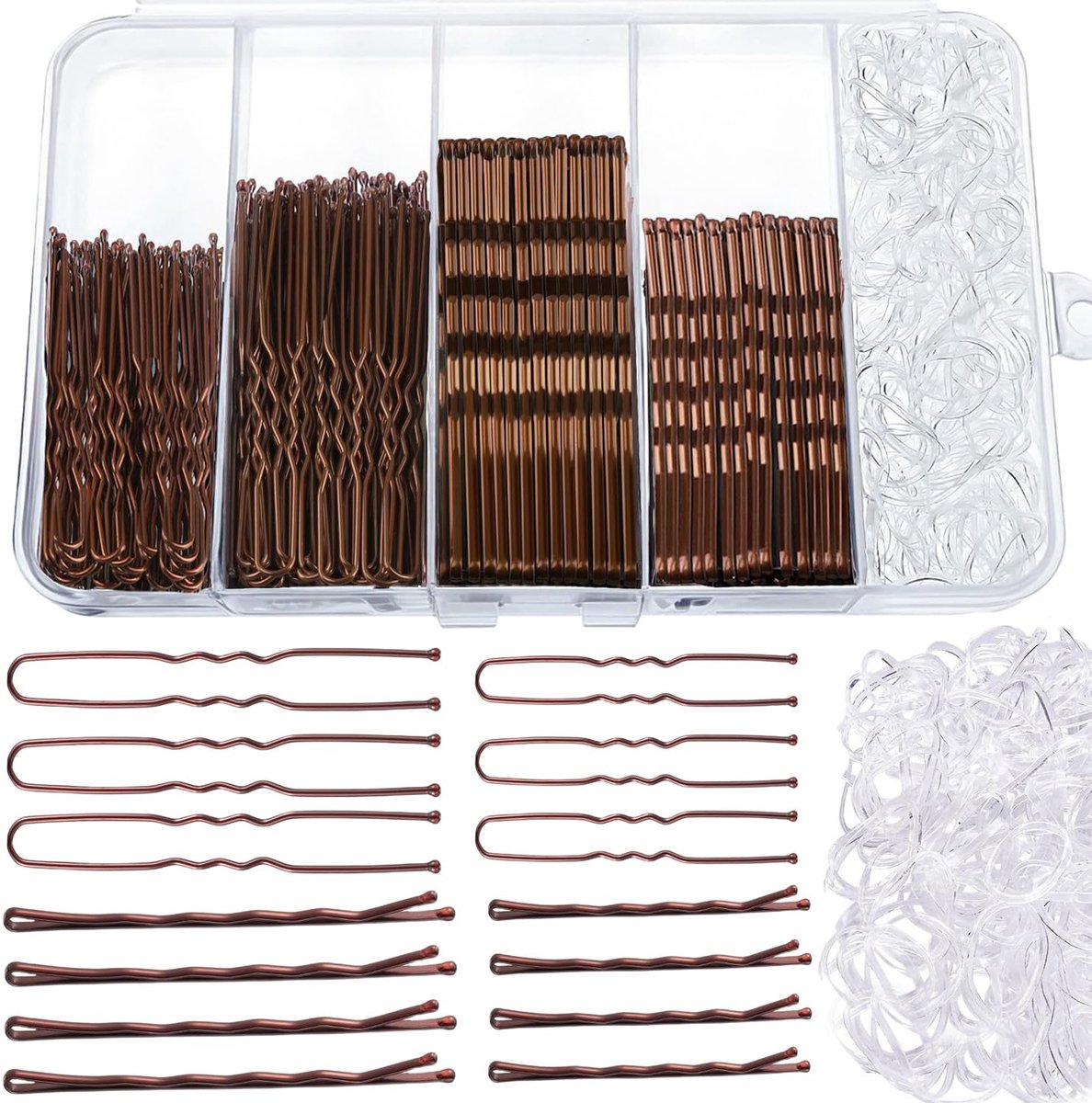 300 stuks Bobby Pins Haarspelden Set, 100 Bobby Pins 100 U-vormige haarspelden 100 Haarbanden, Bobby Pins voor Vrouwen Haarspelden voor Buns, Haargrips Bruin Haar Styling Accessoires met Opbergdoos
