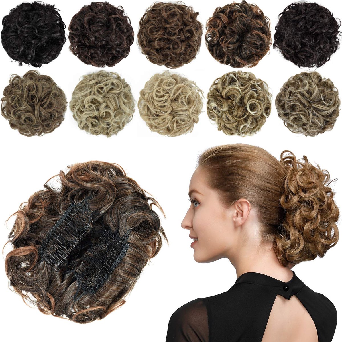 Haarstukje Krullend Chignon Scrunchie Synthetische Haarverlenging Knotenkammen Chignon Haarstukje voor Vrouwen Donkerbruin Gemengd Roodachtig Bruin