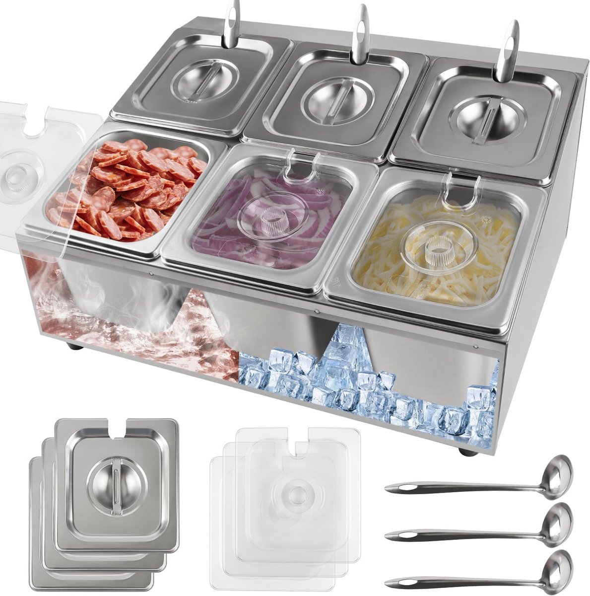 6 Pannen Pizza Topping Station, 2 Rij RVS Pizza Topping Containers met aangepaste lepels Aanrecht Hellende Houder Buffet Containers Set voor Saus Jam Ingrediënt Keuken Restaurant