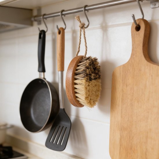 Groenteborstels met Houten Handvat, Dubbele Borstelharen van Sisal en Palmvezel Keukenborstel met Ophangkoord voor Groenten Aardappelen Wortelen en Fruit — afbeelding 5