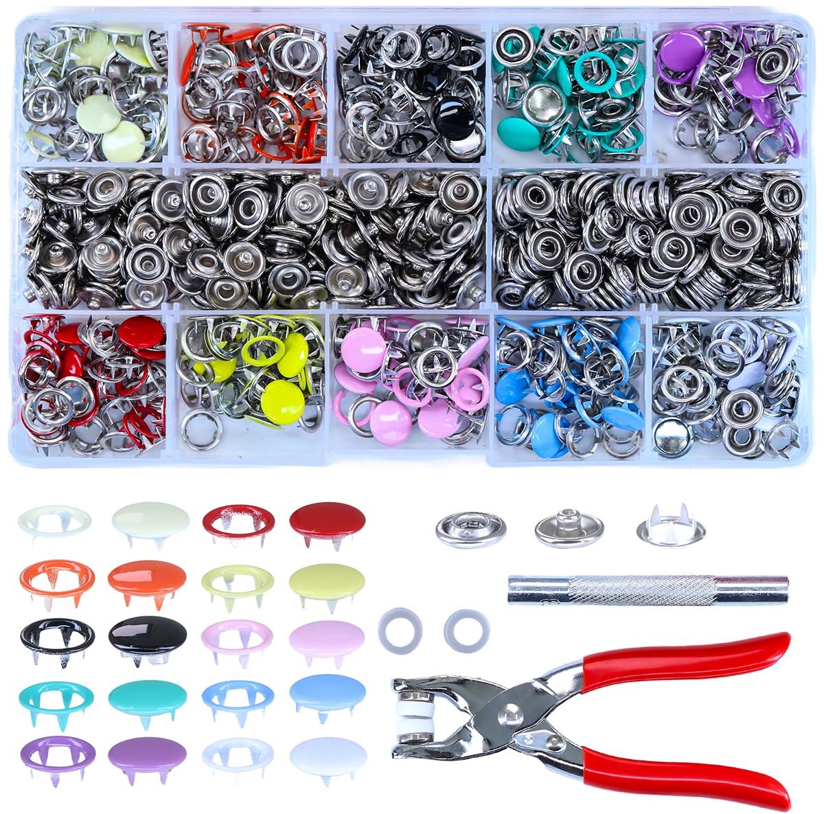 Metalen drukknopenset met tang, 200-delig in 10 kleuren, gereedschapsset, hol, solide metalen tanden voor doe-het-zelf kinderkleding, tassen en knutselprojecten