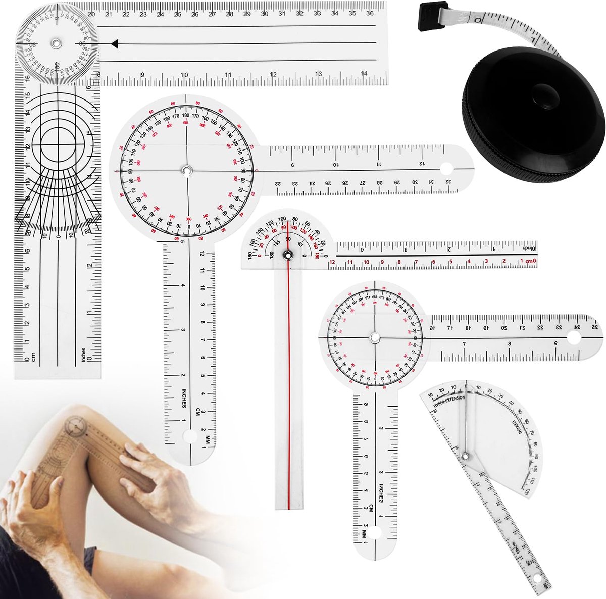 gradenboog set met 6 stuks: 8", 6", 180, 360, vingers, wervelkolom, meetlint, wervelkolom vinger goniometer voor lichaamsmeetband, goniometer hoekmeter liniaal