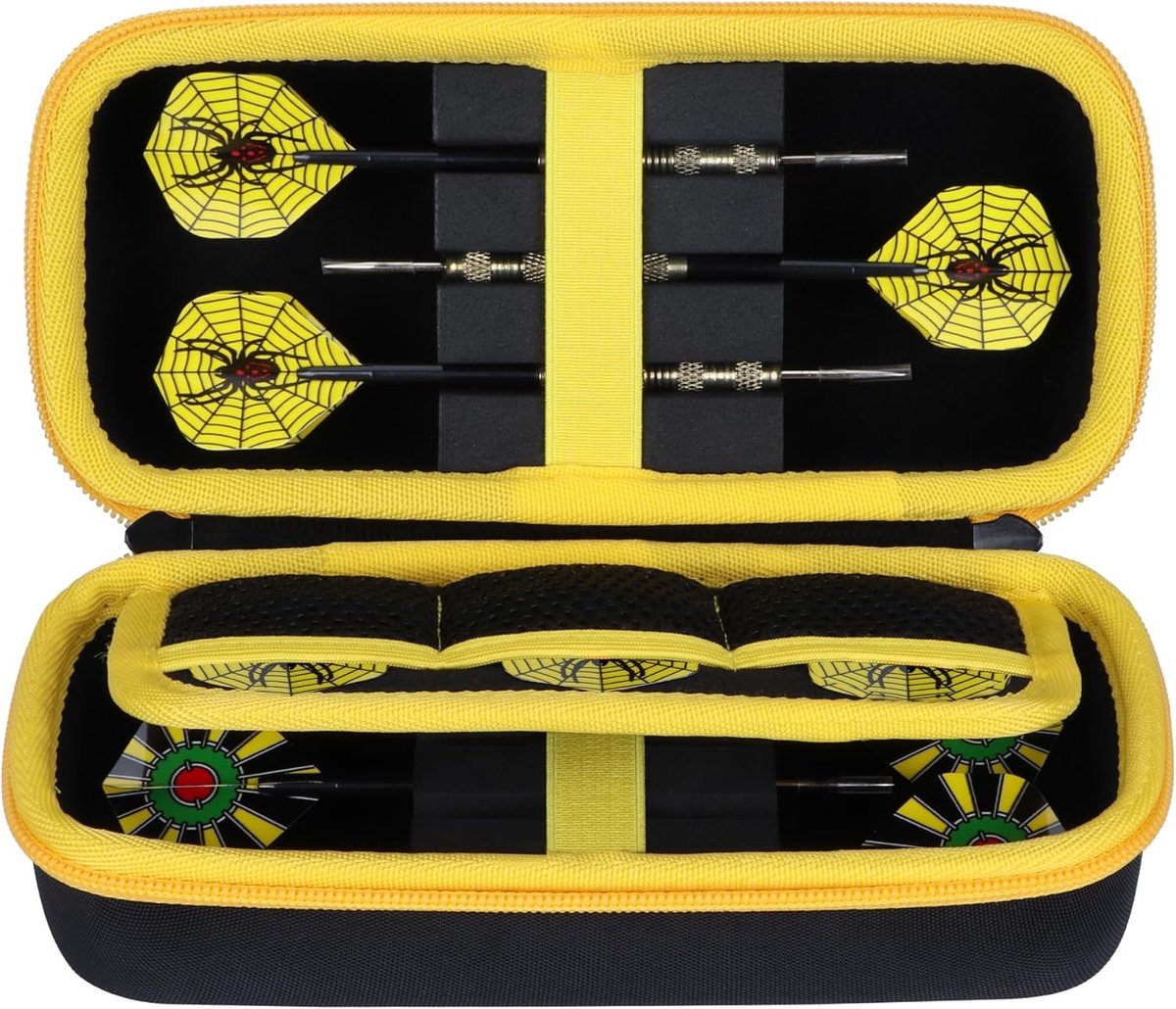 Dart Case voor Steel Tip en Softtip Dart Sets met Opbergruimte voor Tips, Schachten en Vleugels in Zwart en Geel