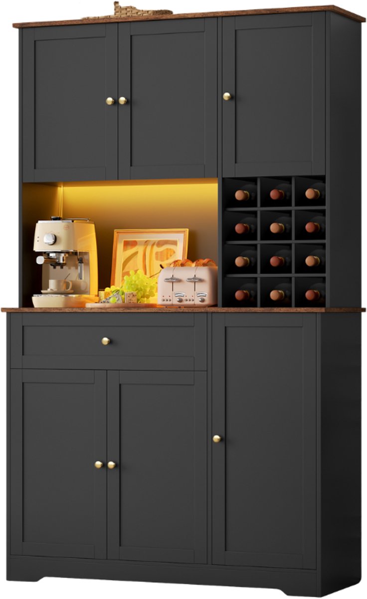 Keukenkast met LED & Stopcontact – Voor Keuken en Eetkamer – Met Wijnrek, Lade en Opbergruimte – 100x39x180 cm