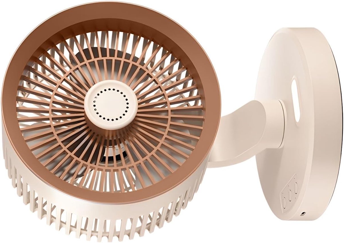 Ruimtebesparende wandventilator met LED nachtlampje, instelbare windsnelheden, wandgemonteerde koelventilator voor binnengebruik （Khaki）