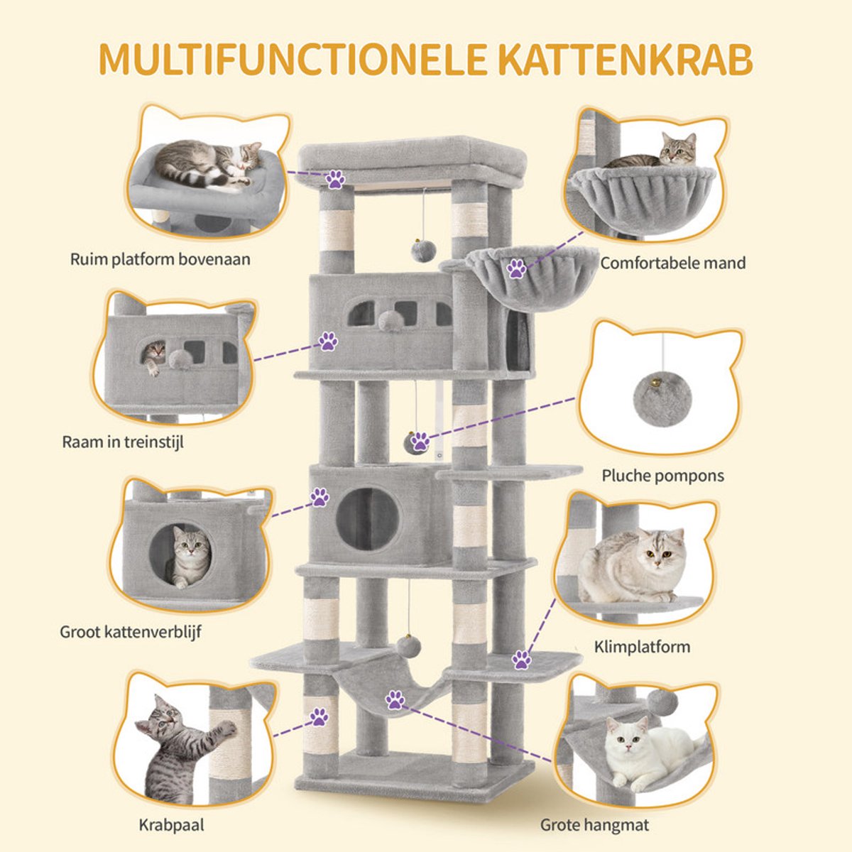 Hzuaneri Krabpaal groot, 170 cm, kattentoren voor maine-kat, grote kat, meerlaagse krabpaal met grote zitstang, wasbare mat, kattenhuismeubel met 2 holletjes, 8 krabbomen, Lichtgrijs thumbnail 6